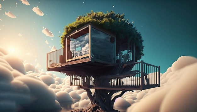 la maison d'arbre au sommet d'un bâtiment est entourée de nuages