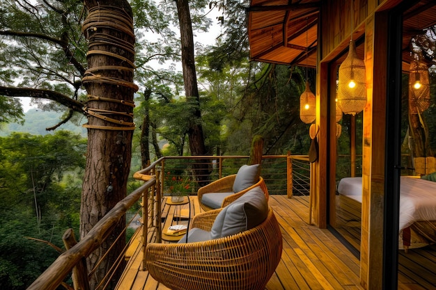 Une maison d'arbre confortable avec une spacieuse terrasse autour du périmètre offrant des vues spectaculaires