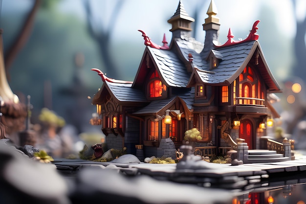Maison d'arbre de conte de fées dans une maison de forêt mystérieuse pixies et elfes modèle pour la conception de la plate-forme AI.