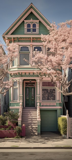 maison avec un arbre en fleurs