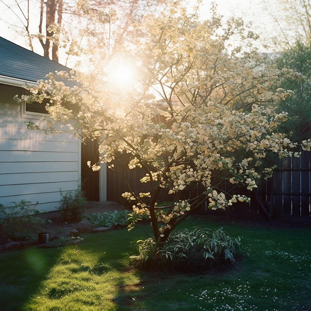 maison avec un arbre en fleurs