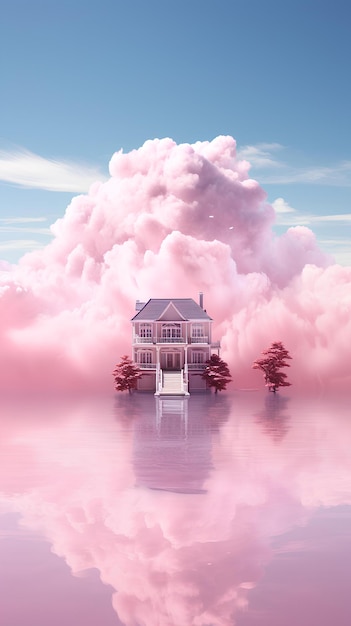 Une maison et un arbre flottant dans des nuages roses