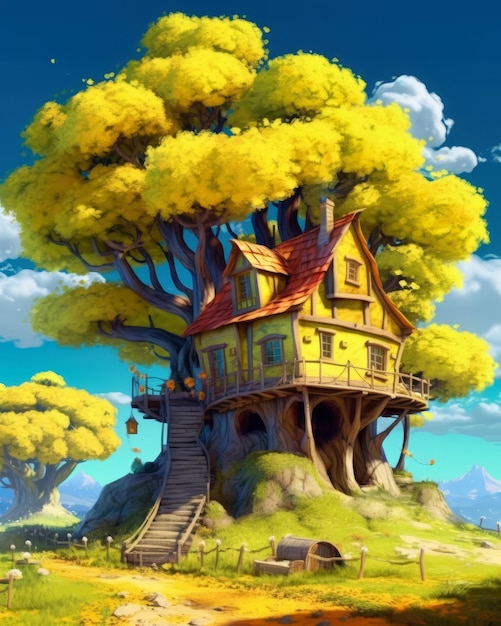 une maison d'arbre jaune