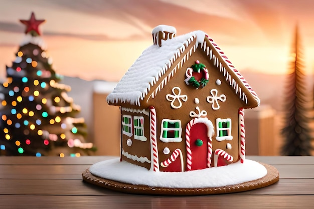 Une maison avec un arbre de Noël en arrière-plan.