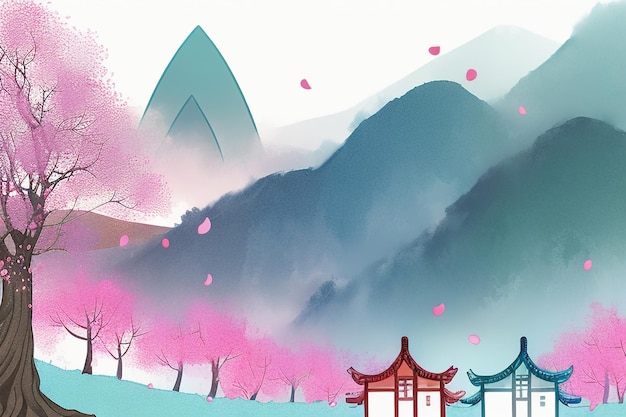 Maison d'arbre rose montagne coucher de soleil aquarelle chinoise art abstrait fond d'écran illustration