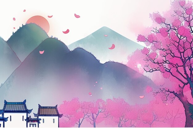 Maison d'arbre rose montagne coucher de soleil aquarelle chinoise art abstrait fond d'écran illustration