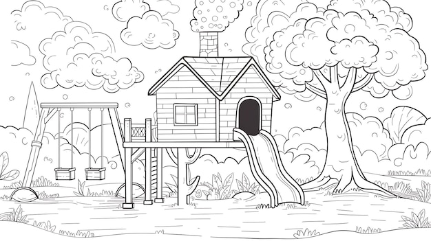 Une maison d'arbre avec un toboggan et une balançoire dans une forêt La maison d'arc est faite de bois et a un toit en pointe