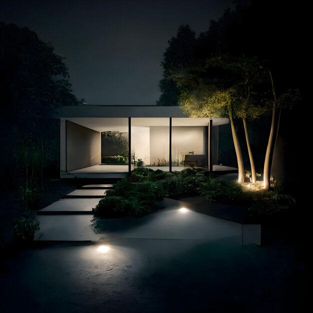 Une maison avec des arbres et des lumières la nuit