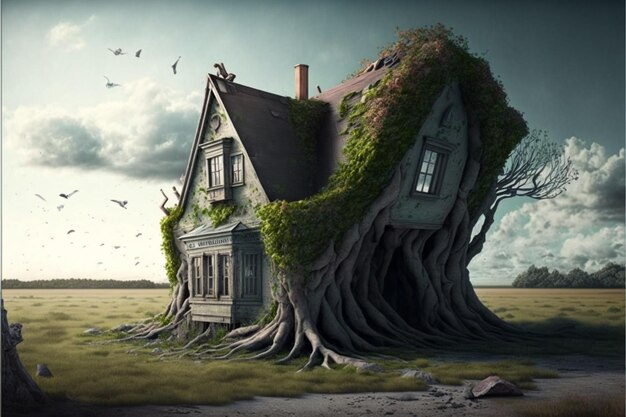 Une maison à arpents avec un arbre qui en pousse