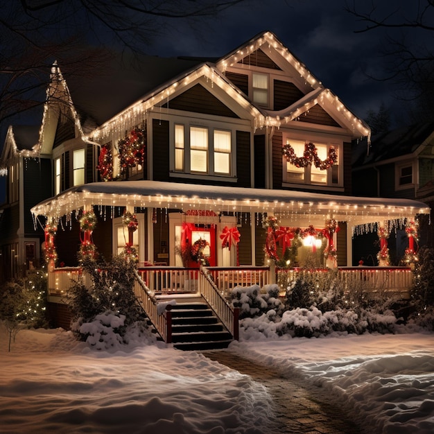 Photo maison arrafée avec des lumières de noël et des décorations sur le porche avant