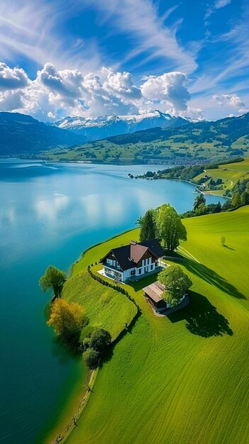 maison arrafée sur une petite île dans un grand lac génératif ai