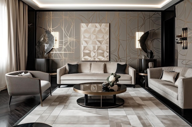 Maison art déco avec mobilier épuré et motifs géométriques dans le salon