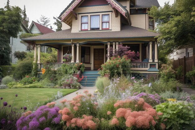 Une maison d'artisan avec un porche et des fauteuils à bascule entourés de fleurs en fleurs