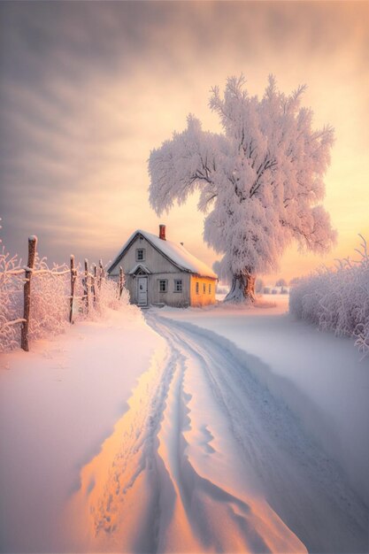 Maison assise au milieu d'un champ couvert de neige générative ai