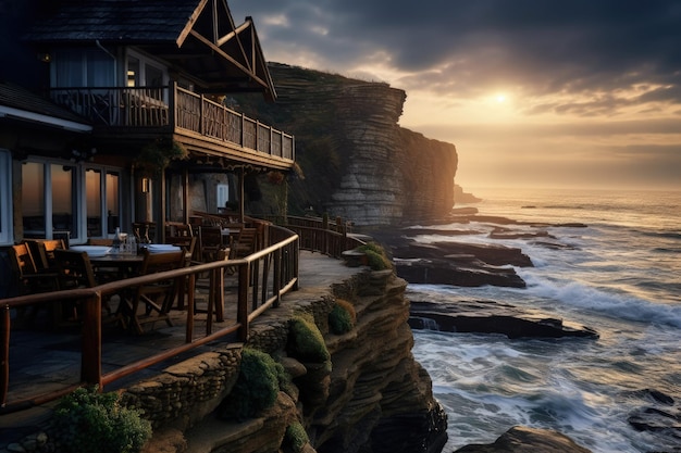 Une maison assise sur le bord d'une falaise à côté de l'océan