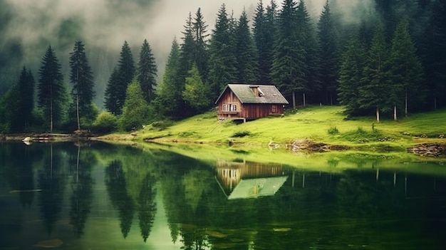 Une maison au bord du lac dans les montagnes