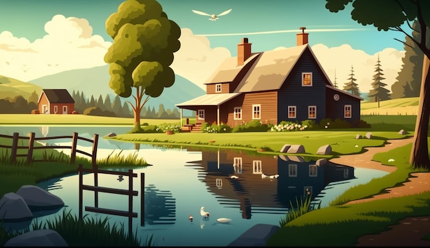 Une maison au bord du lac avec un étang et un oiseau en arrière-plan.