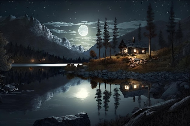 Photo une maison au bord du lac avec la lune en arrière-plan