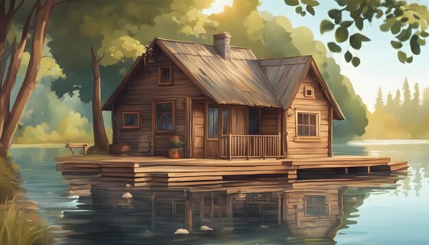 une maison au bord du lac avec une maison sur l'eau
