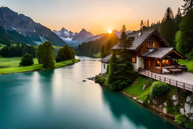 Une maison au bord du lac avec le soleil couchant derrière