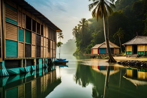 une maison au bord de l'eau avec un bateau dans l'eau