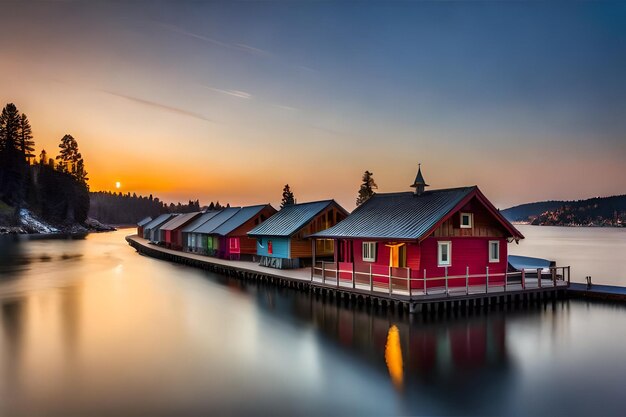 une maison au bord de l'eau avec un coucher de soleil en arrière-plan