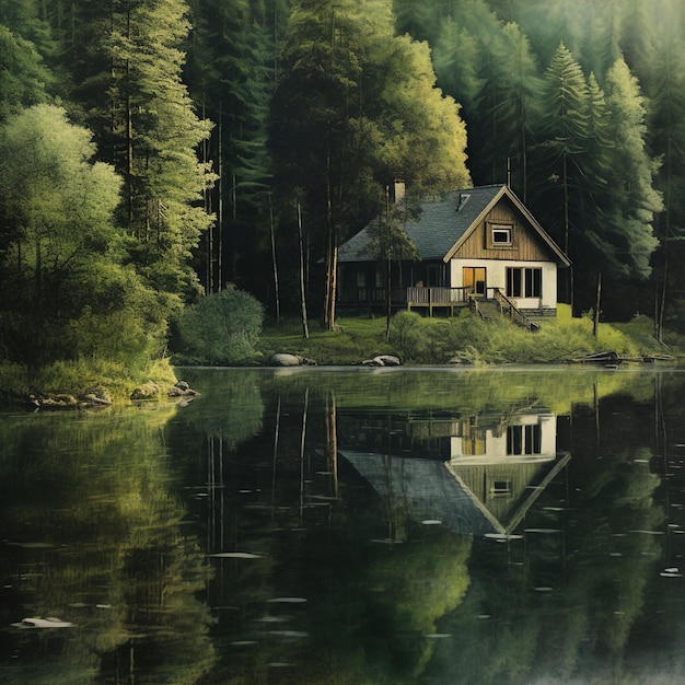 Photo une maison au bord de l'eau est entourée d'arbres et le soleil brille sur l'eau.