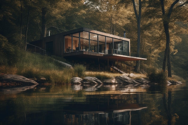 Une maison au bord de l'eau avec une grande baie vitrée qui dit "la maison est sur l'eau"