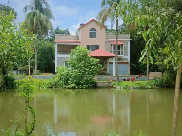 Photo une maison au bord d'un étang