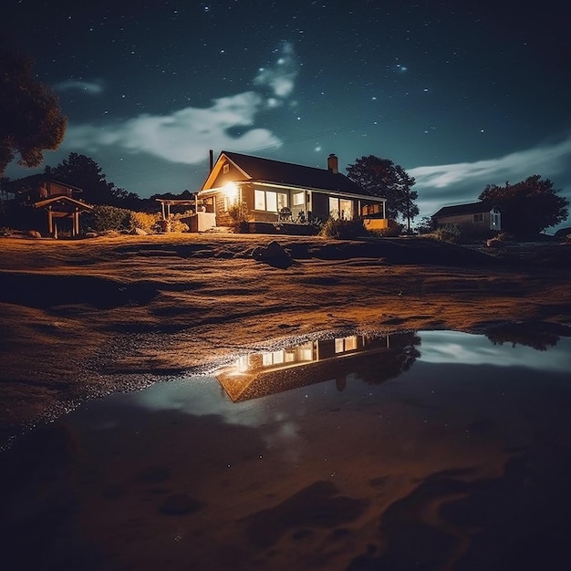 Une maison au bord de la mer la nuit