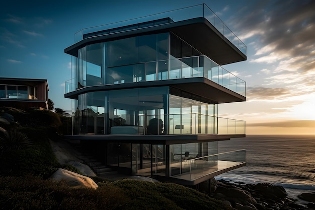 Une maison au bord de l'océan avec vue sur l'océan et le ciel