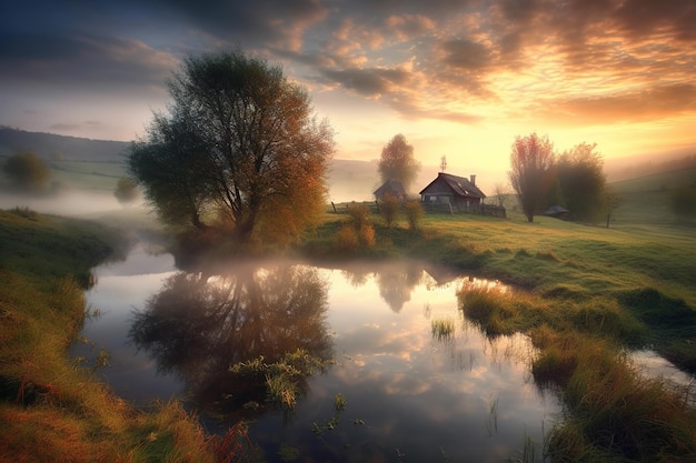 Une maison au bord de la rivière le matin