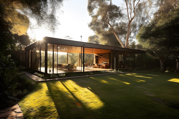 Une maison au milieu d'un champ avec des arbres en arrière-plan.