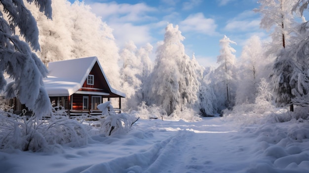 une maison au milieu d'une forêt enneigée