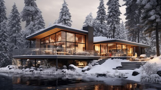 Photo une maison au milieu d'une forêt enneigée