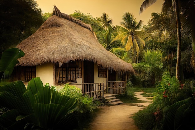 Maison au toit de chaume paisible entourée de verdure et de faune sur une île tropicale