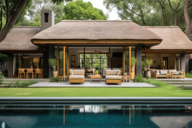 Une maison au toit de chaume avec piscine et chaises longues ai