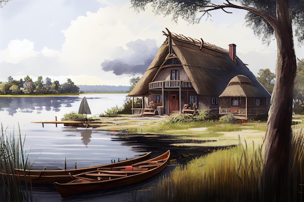 Maison au toit de chaume surplombant un lac serein avec des kayaks et des canoës reposant sur le rivage