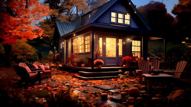 La maison d'automne dans la soirée d'hiver