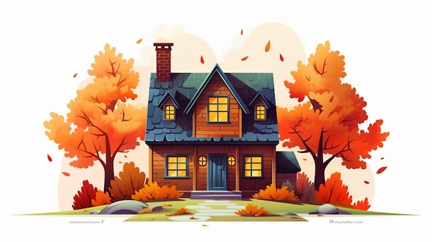 Photo maison d'automne de dessin animé sur fond blanc dans un style plat génératif ai