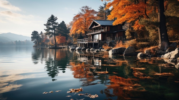 maison automne sur le lac