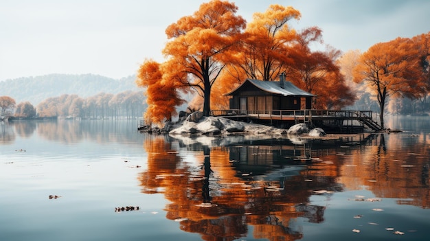 maison automne sur le lac