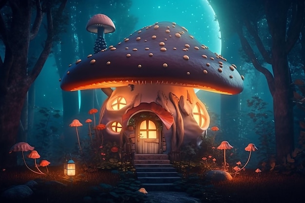 Une maison aux champignons dans une forêt avec une lanterne et une lanterne.