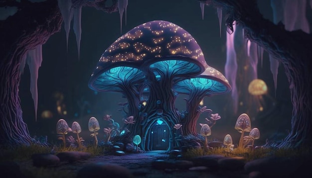 Une maison aux champignons dans le noir