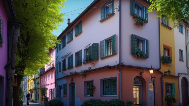 Une maison aux volets verts et un bâtiment rose avec une porte bleue.