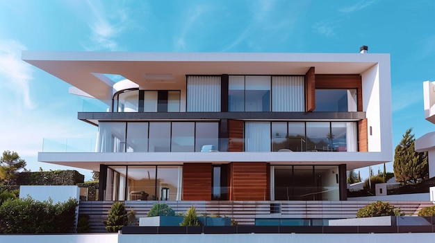 une maison avec un balcon et un balcon avec une vue sur le ciel
