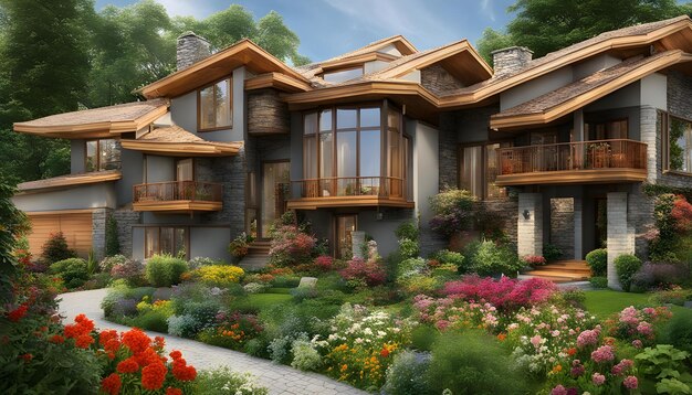 une maison avec un balcon et un jardin avec des fleurs et des arbres