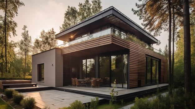 Une maison avec un balcon et une terrasse en bois avec un balcon au premier plan.