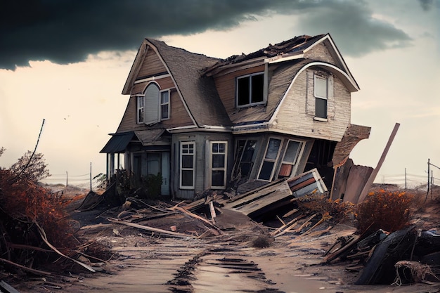 Maison de banlieue familiale en ruine après l'ouragan