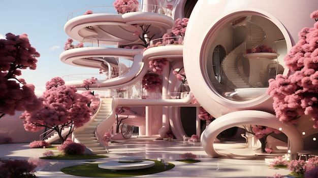 Maison de barbie rose dans l'herbe ronde avec aire de jeux rose dans le style du monde futuriste